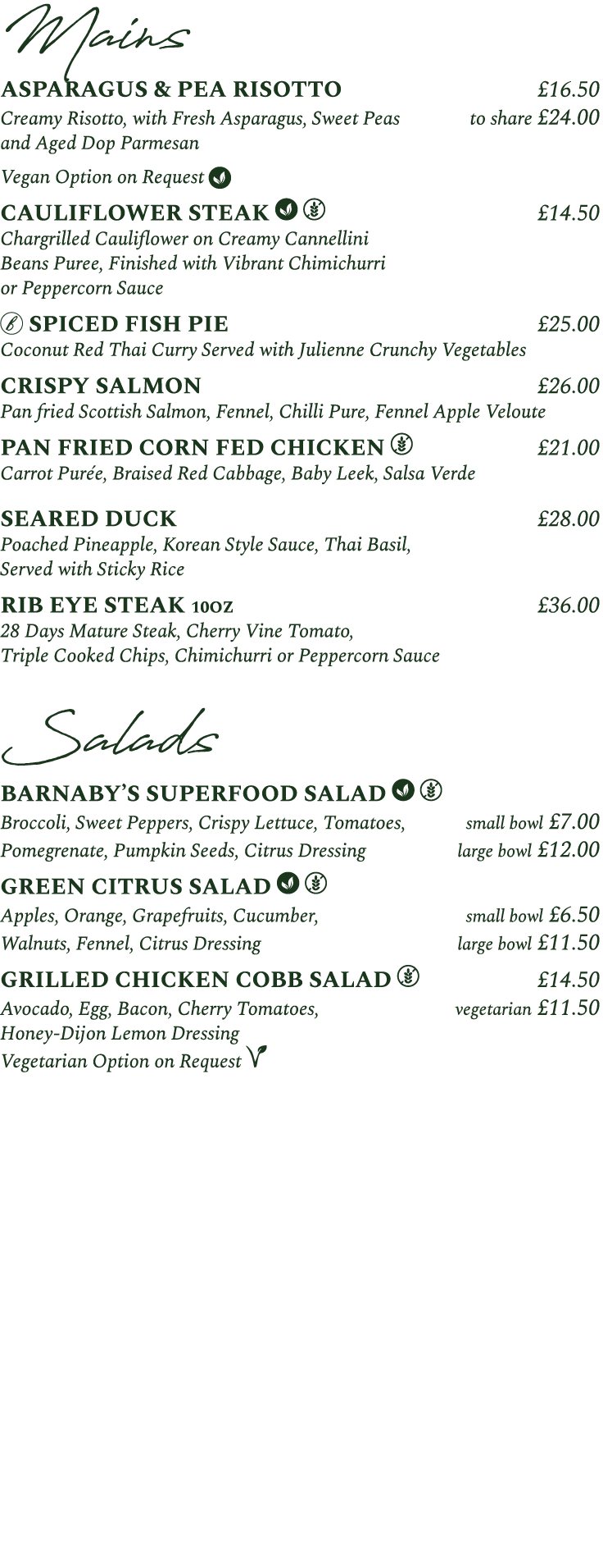 Mains ASPARAGUS & PEA RISOTTO £16.50 Creamy Risotto, with Fresh Asparagus, Sweet Peas to share £24.00 and Aged Dop Pa...