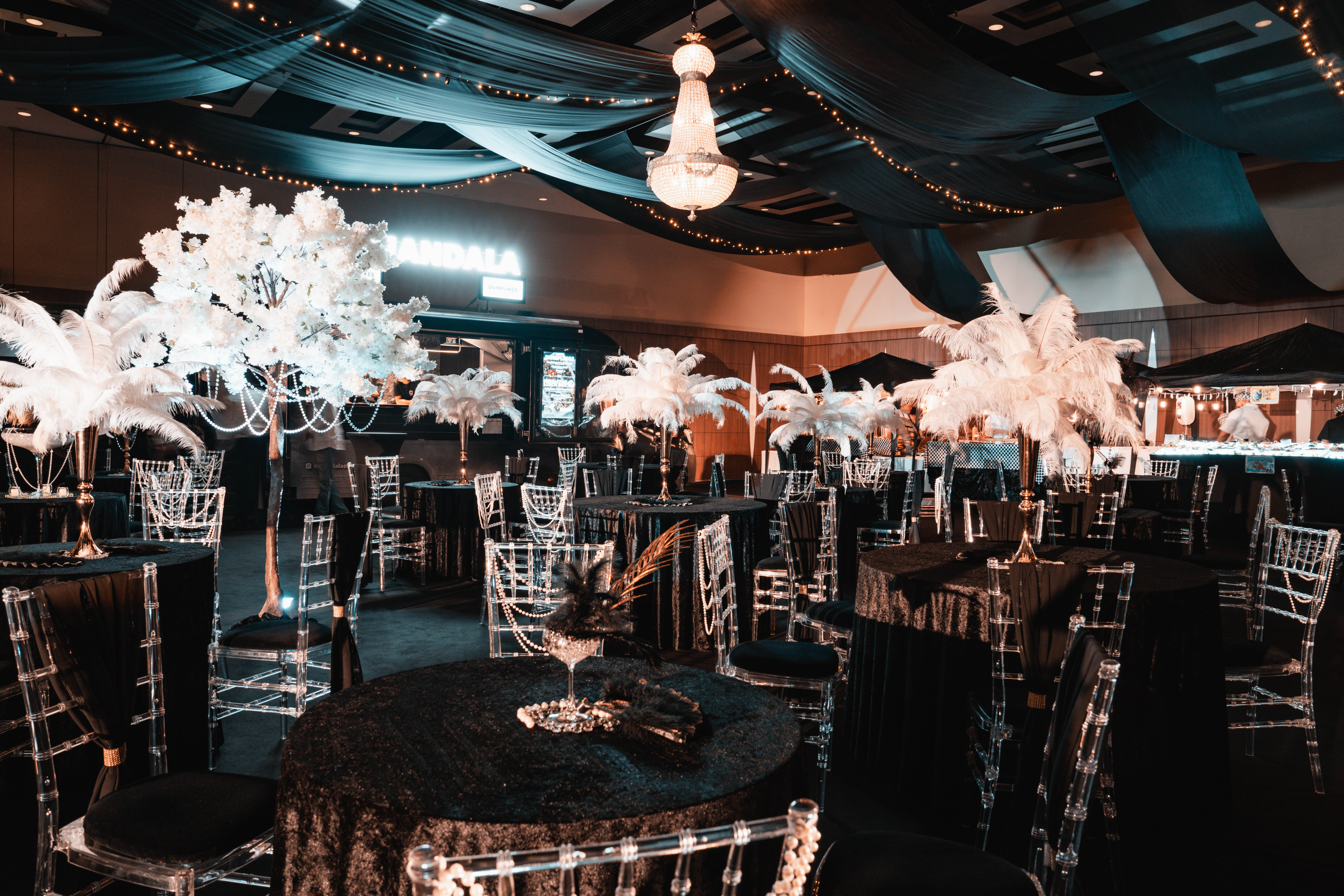 Decorated event room for a gala dinner